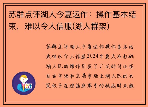 苏群点评湖人今夏运作：操作基本结束，难以令人信服(湖人群架)