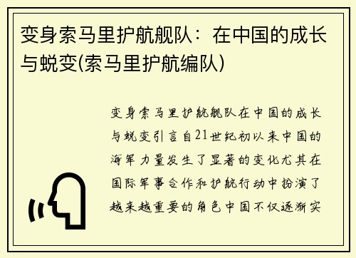 变身索马里护航舰队：在中国的成长与蜕变(索马里护航编队)