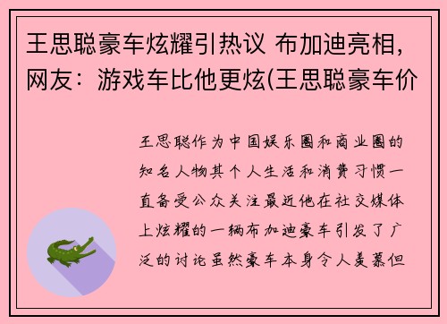 王思聪豪车炫耀引热议 布加迪亮相，网友：游戏车比他更炫(王思聪豪车价格)