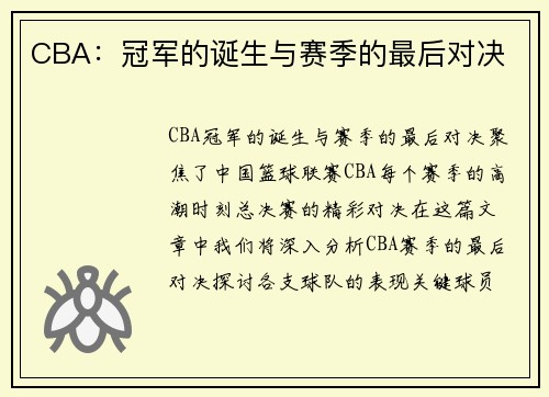 CBA：冠军的诞生与赛季的最后对决