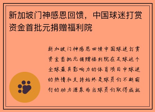 新加坡门神感恩回馈，中国球迷打赏资金首批元捐赠福利院